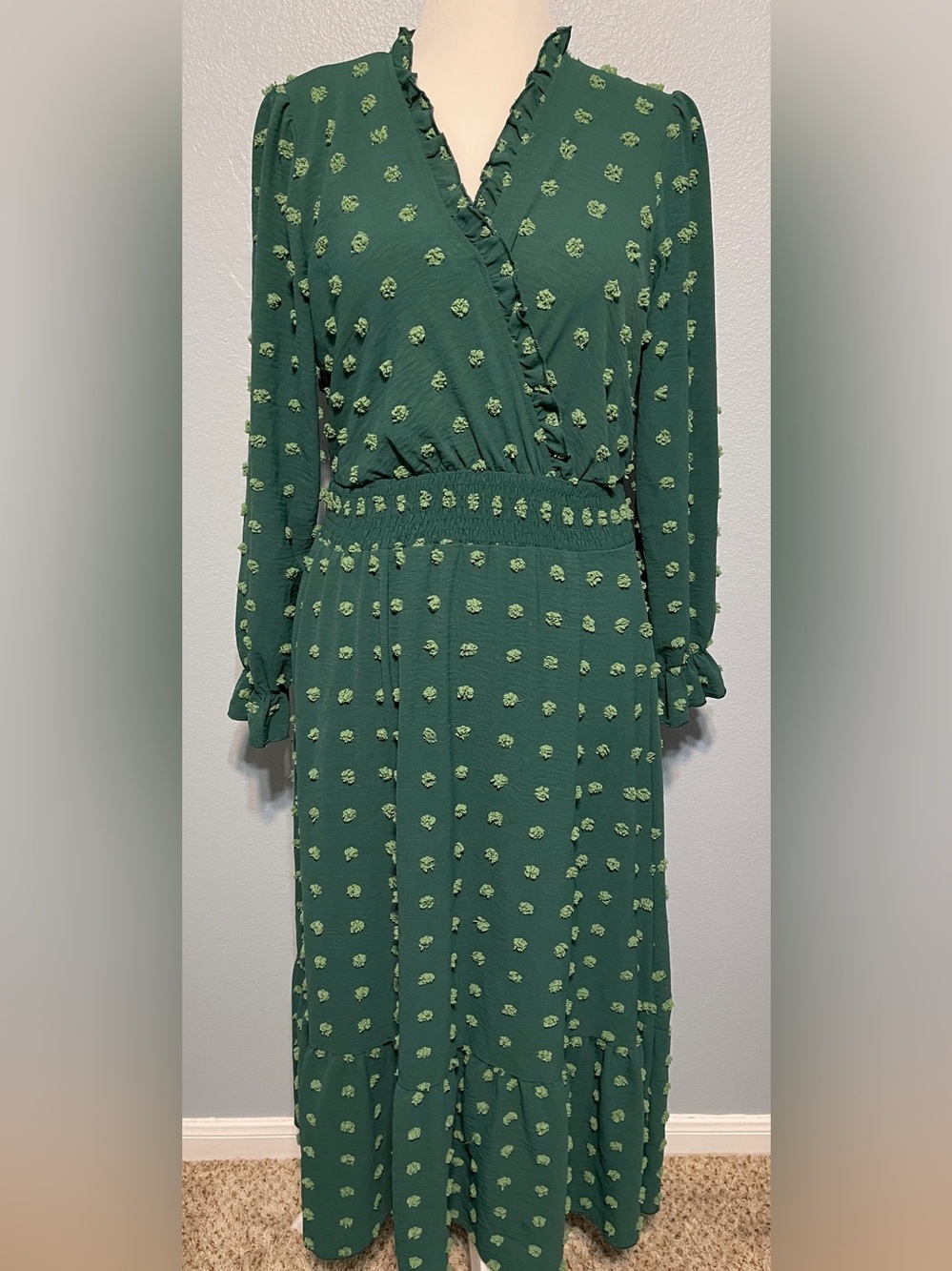 Green Swiss Dot Maxi Dress Smocked Waist Boho Cottagecore Prairie Boho Large